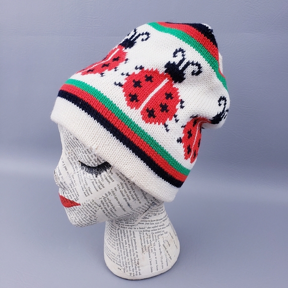 Aris Accessories - Aris Vintage Wool Ski Hat Ladybugs Cream Navy Winter Knit Hat Made in USA